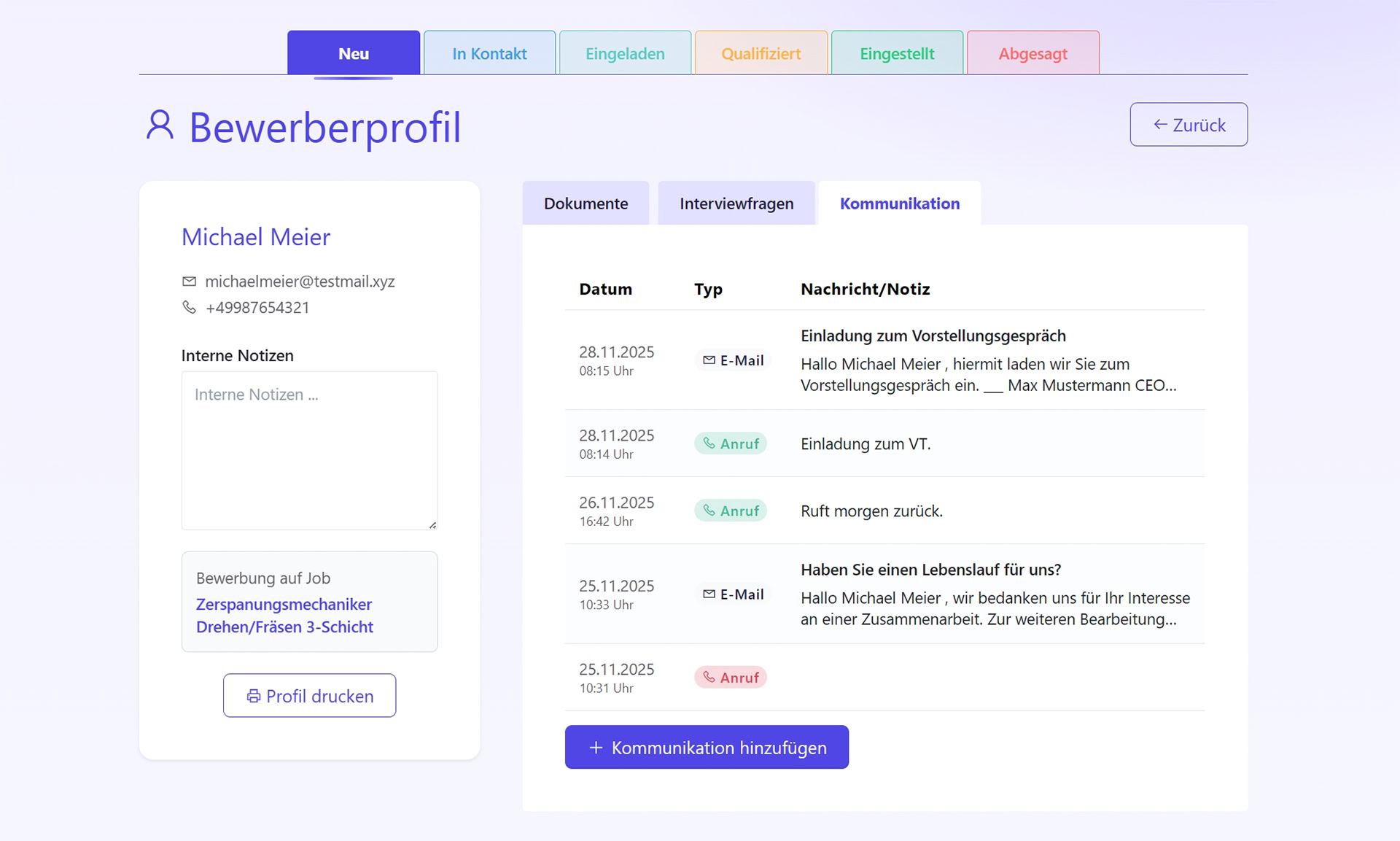Produkt-Screenshot Jobs in Kassel: Bewerberprofil/Kommunikation