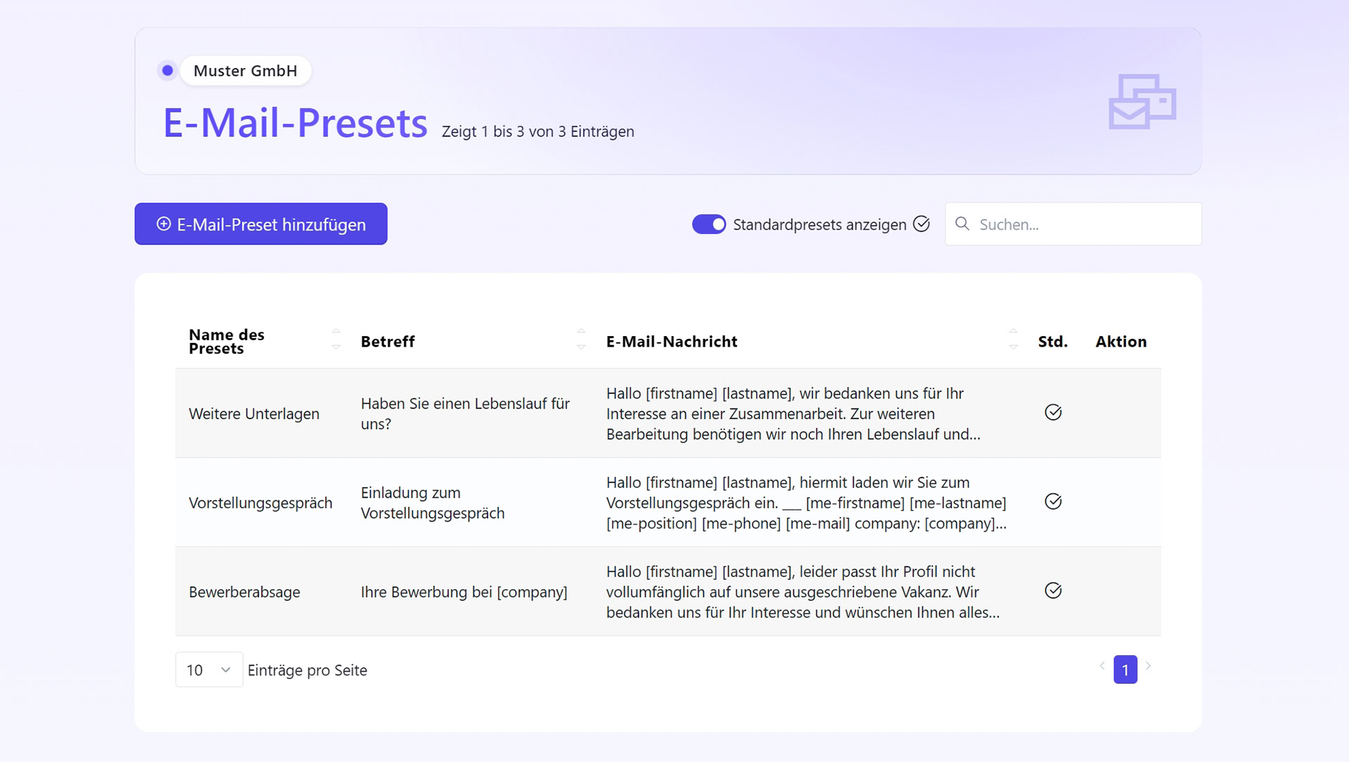 Produkt-Screenshot Jobs in Kassel: E-Mail-Presets